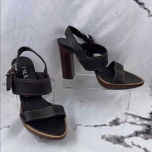 Prada Leather Strappy Sandals Chunky Stacked Block Heel Adjustable Ankle Strap